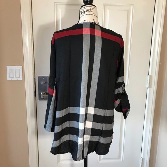 Amaryllis Plaid Roll-Tab Blouse Red, White, Black - Picture 3 of 3
